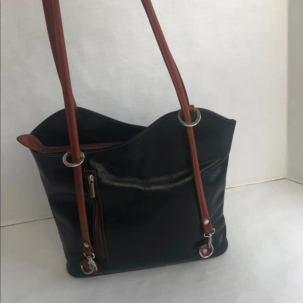 Vera Pelle Italian Leather Black/Brown Shoulder Backpack Bag
